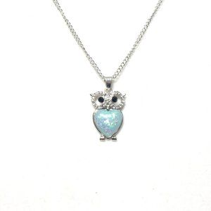Sterling Silver Blue Opal Heart Shaped Owl Necklace with Crystal Halo Eyes